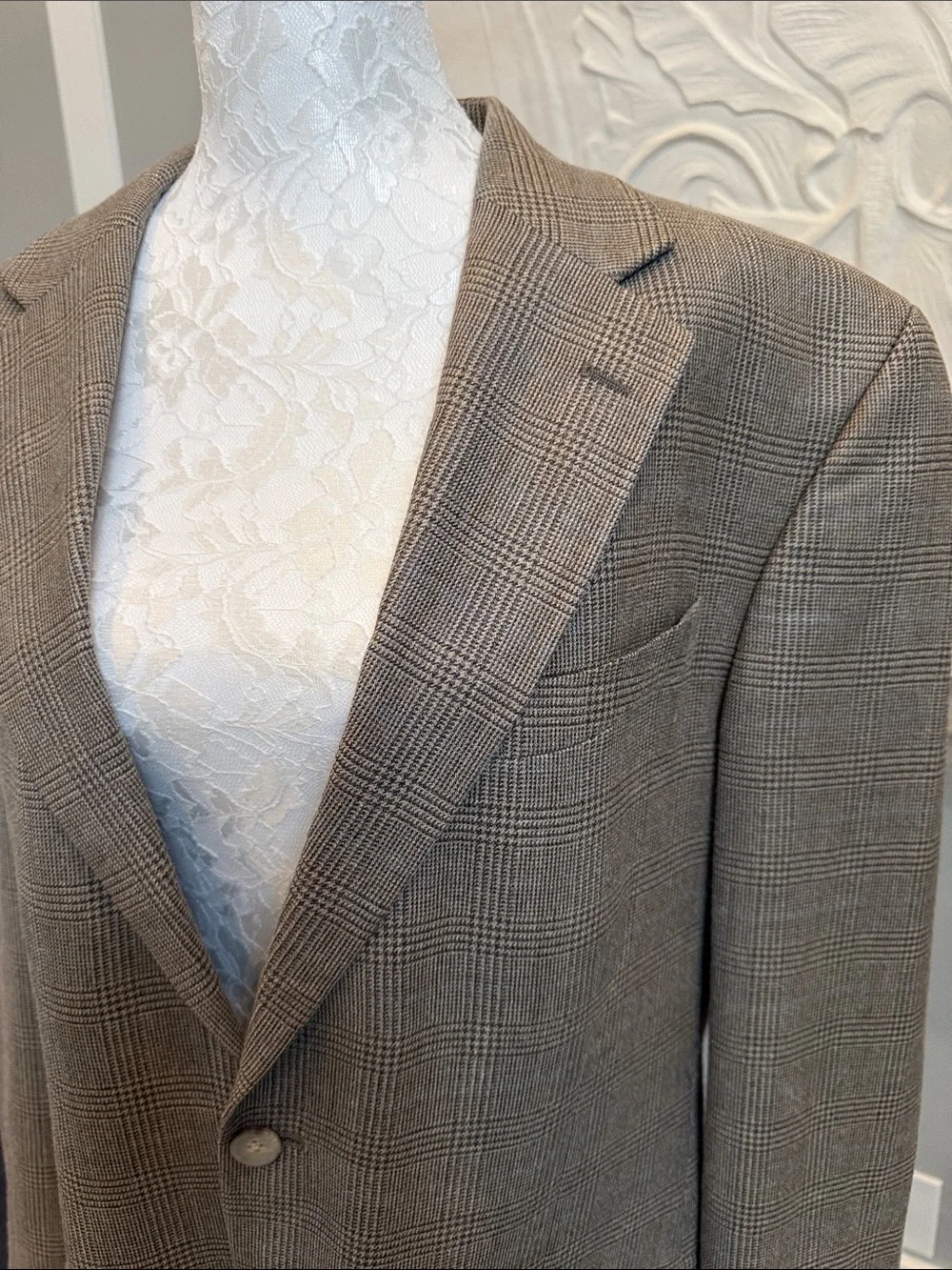 Vintage Oscar de la Renta Glen Plaid Sport Coat Blazer 42L Tan Brown 90s